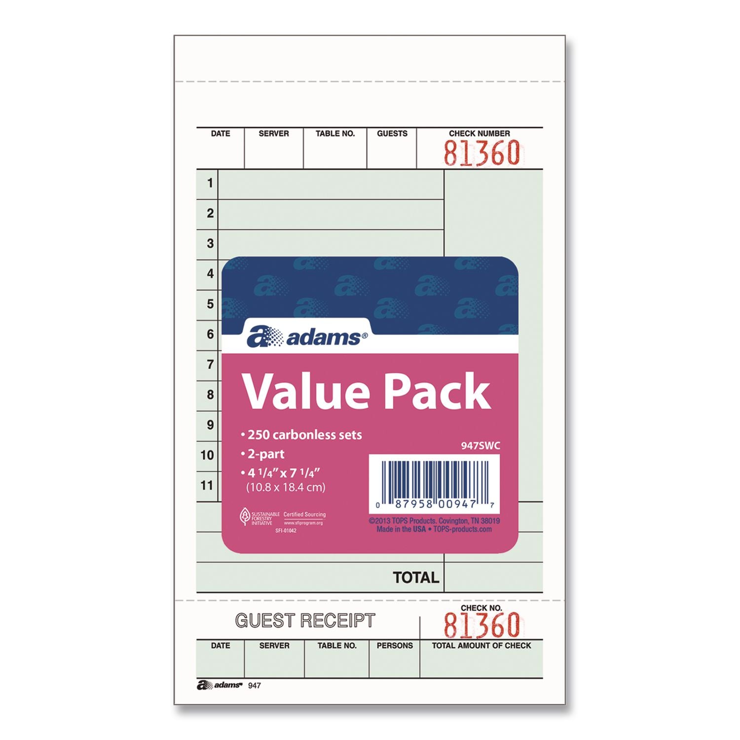 Guest Check Unit Set, Two-Part Carbonless, 6.75 x 4.25, 50 Forms/Pad, 5 Pads/Pack