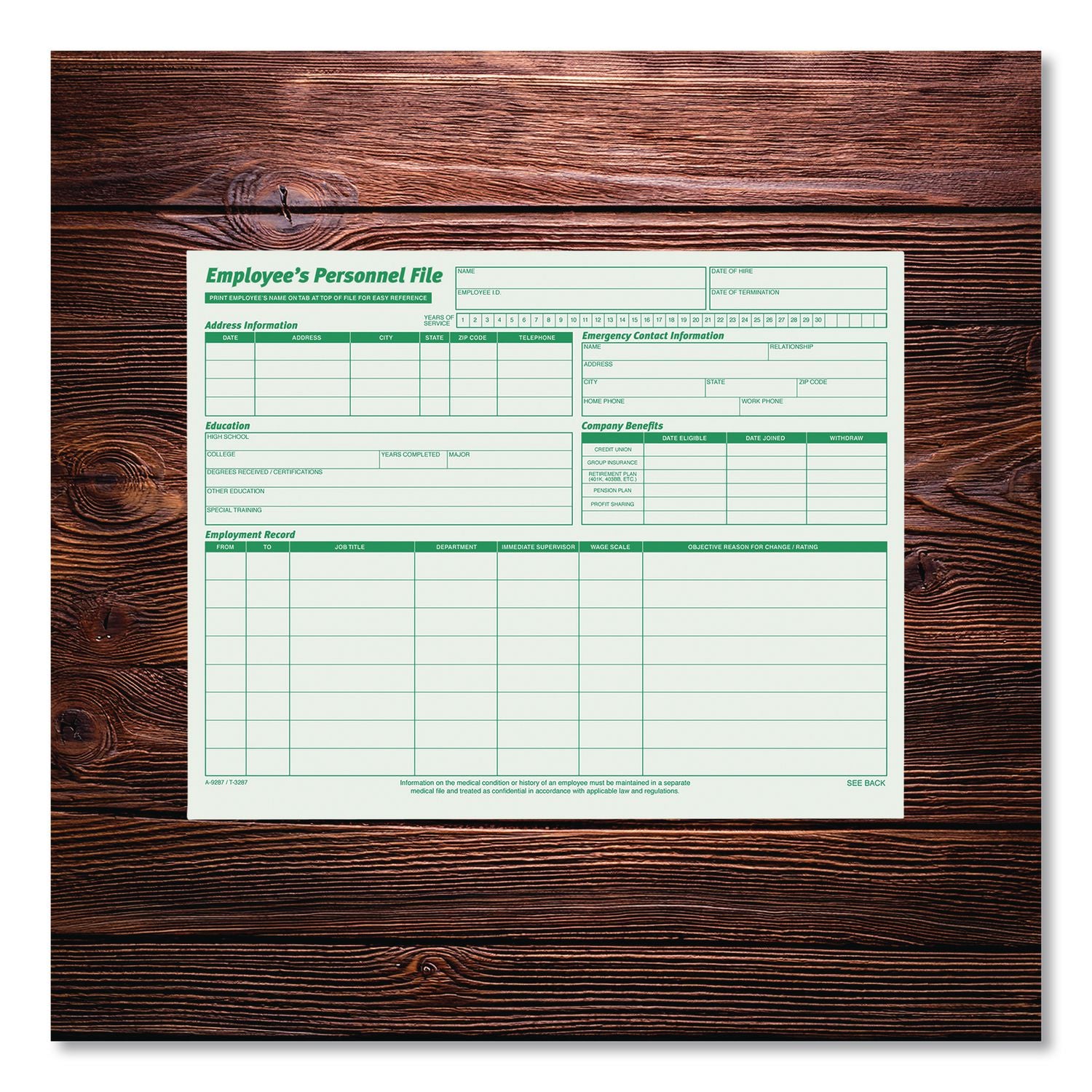 Employee's Record File Folder, Straight Tabs, Letter Size, Index Stock, Green, 20/Pack