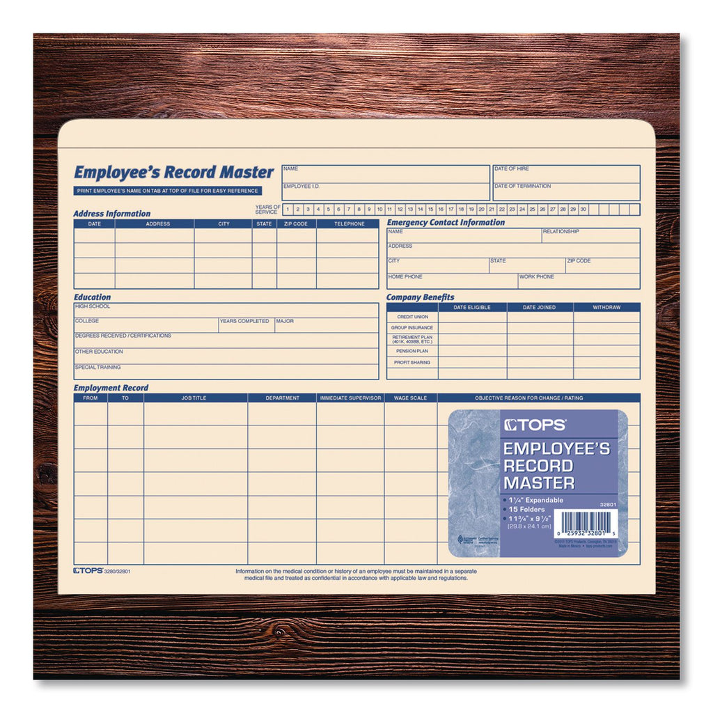 Employee Record Master File Jacket, Straight Tab, Letter Size, Manila, 15/Pack
