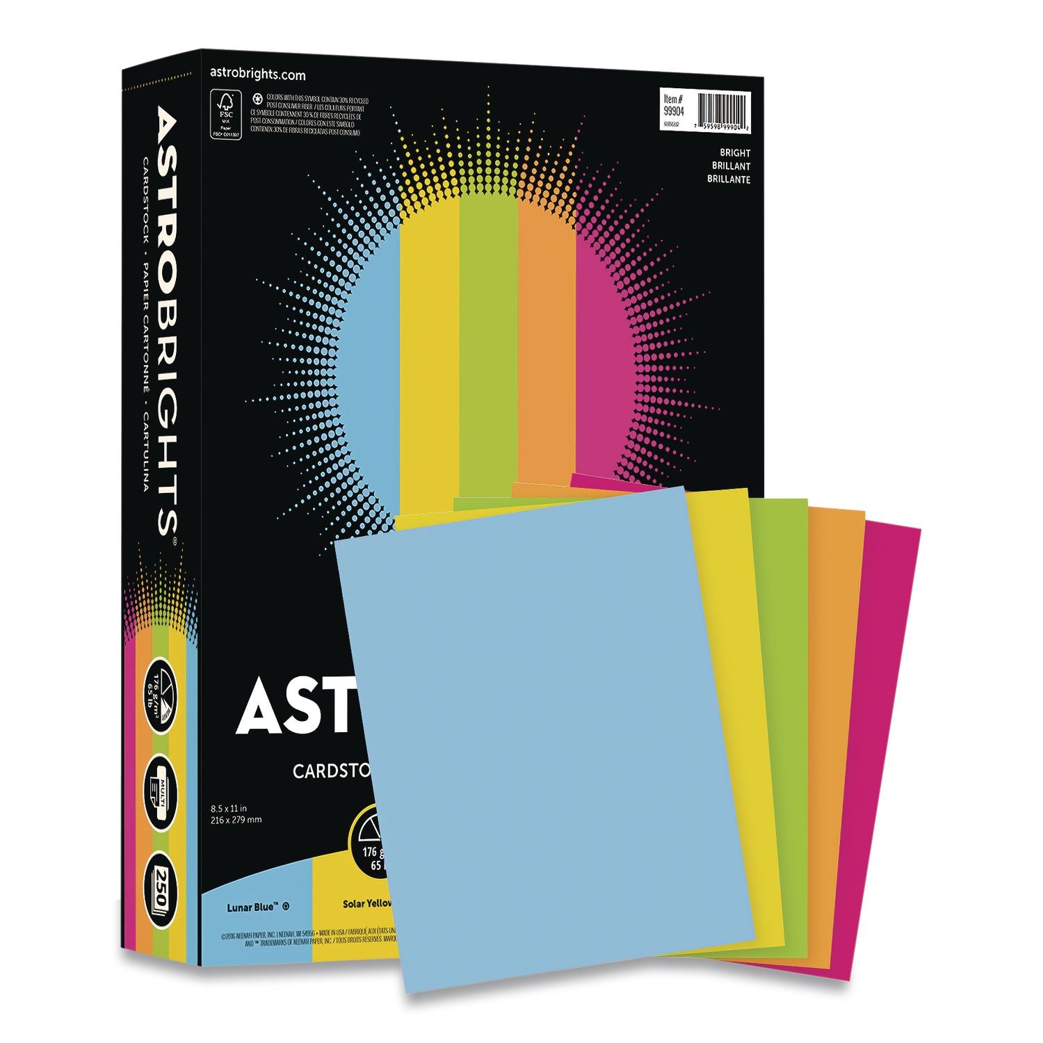 Color Cardstock -"Bright" Assortment, 65 lb Cover Weight, 8.5 x 11, Assorted, 250/Pack