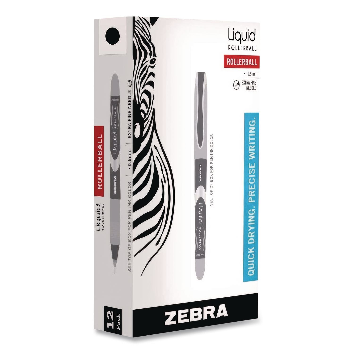 Liquid Ink Roller Ball Pen, Stick, Extra-Fine 0.5 mm, Black Ink, Black/Silver Barrel, 12/Pack
