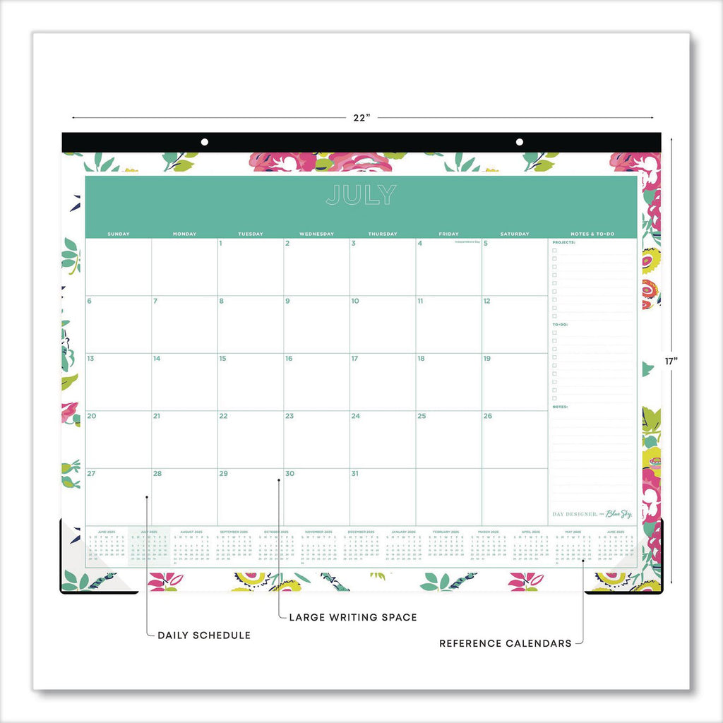 Day Designer Peyton Academic Desk Pad, Floral Artwork, 22 x 17, Black Binding, Clear Corners, 12-Month (July-June): 2023-2024