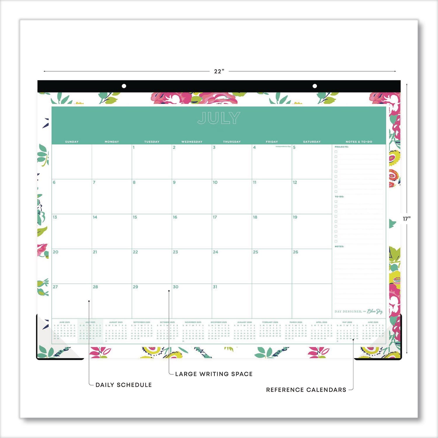 Day Designer Peyton Academic Desk Pad, Floral Artwork, 22 x 17, Black Binding, Clear Corners, 12-Month (July-June): 2023-2024