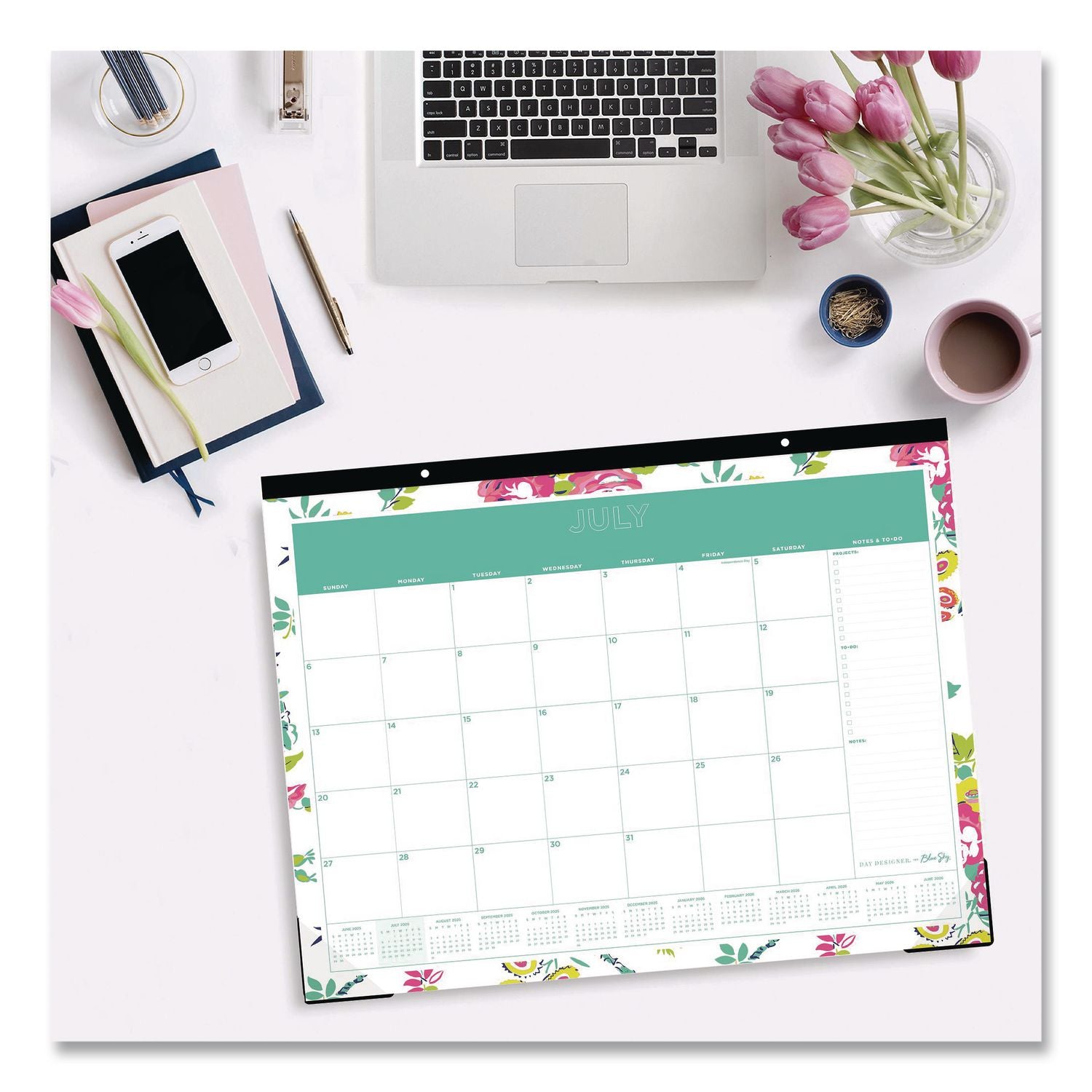Day Designer Peyton Academic Desk Pad, Floral Artwork, 22 x 17, Black Binding, Clear Corners, 12-Month (July-June): 2023-2024