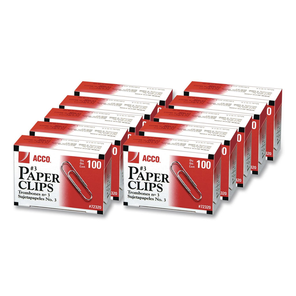 Paper Clips, #3, Smooth, Silver, 100 Clips/Box, 10 Boxes/Pack