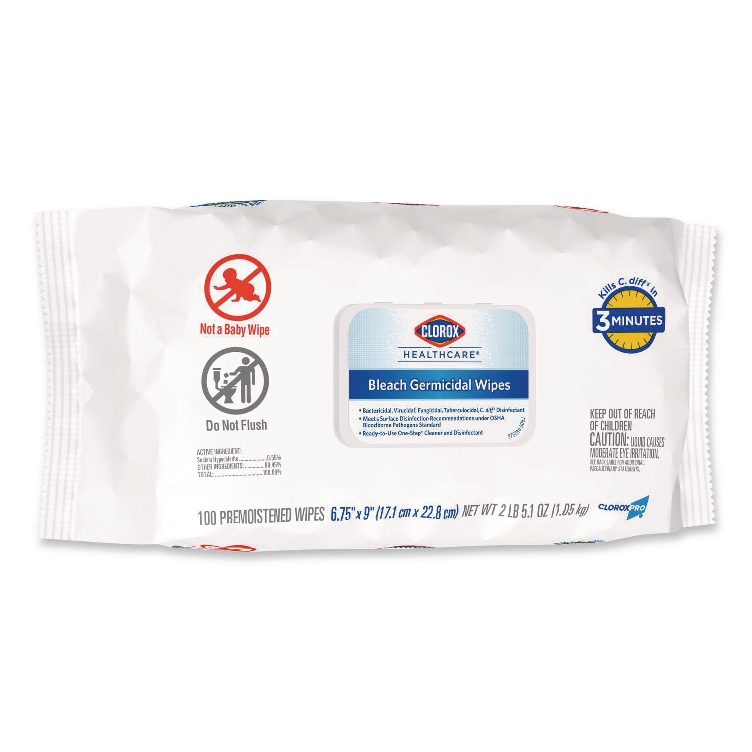 Bleach Germicidal Wipes, 1-Ply, 6.75 x 9, Unscented, White, 100 Wipes/Flat Pack, 6 Packs/Carton