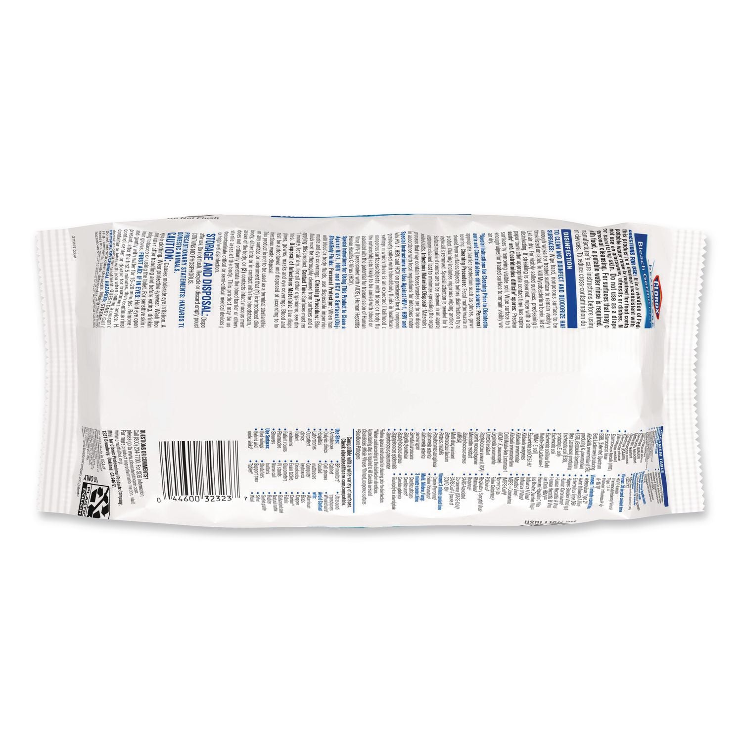 Bleach Germicidal Wipes, 1-Ply, 6.75 x 9, Unscented, White, 100 Wipes/Flat Pack, 6 Packs/Carton