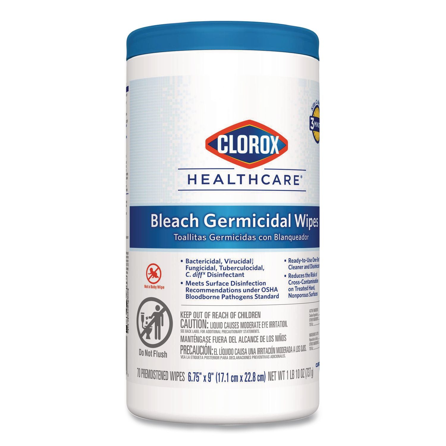 Bleach Germicidal Wipes, 1-Ply, 6.75 x 9, Unscented, White, 70/Canister