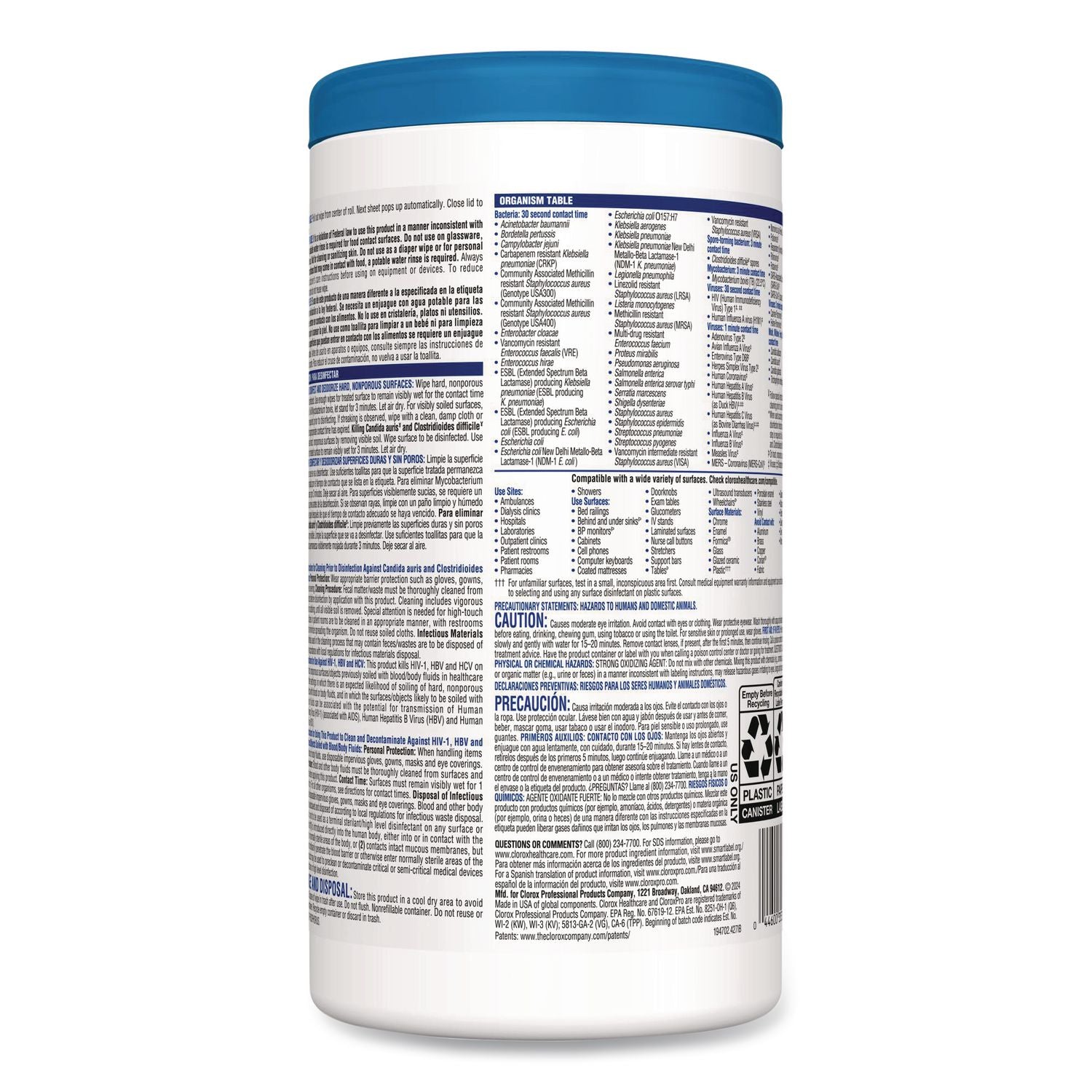 Bleach Germicidal Wipes, 1-Ply, 6.75 x 9, Unscented, White, 70/Canister