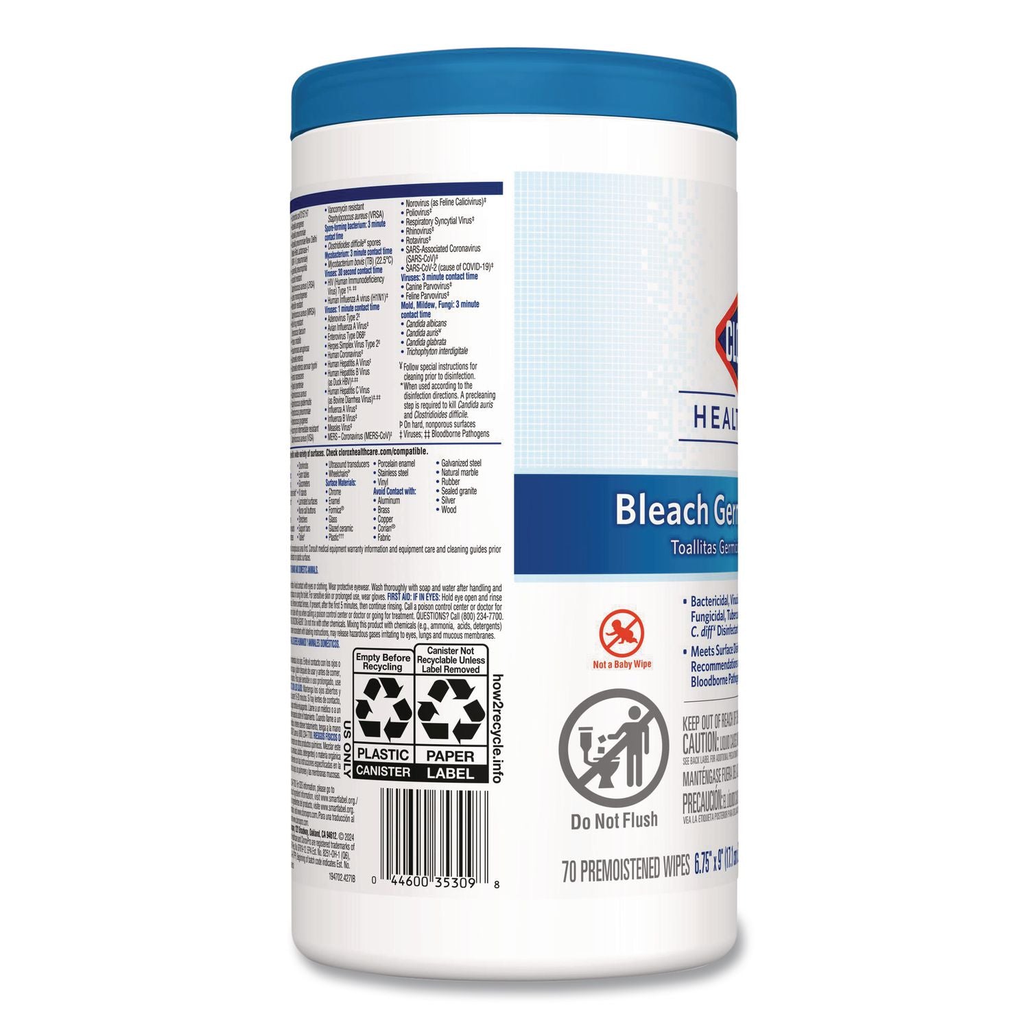 Bleach Germicidal Wipes, 1-Ply, 6.75 x 9, Unscented, White, 70/Canister