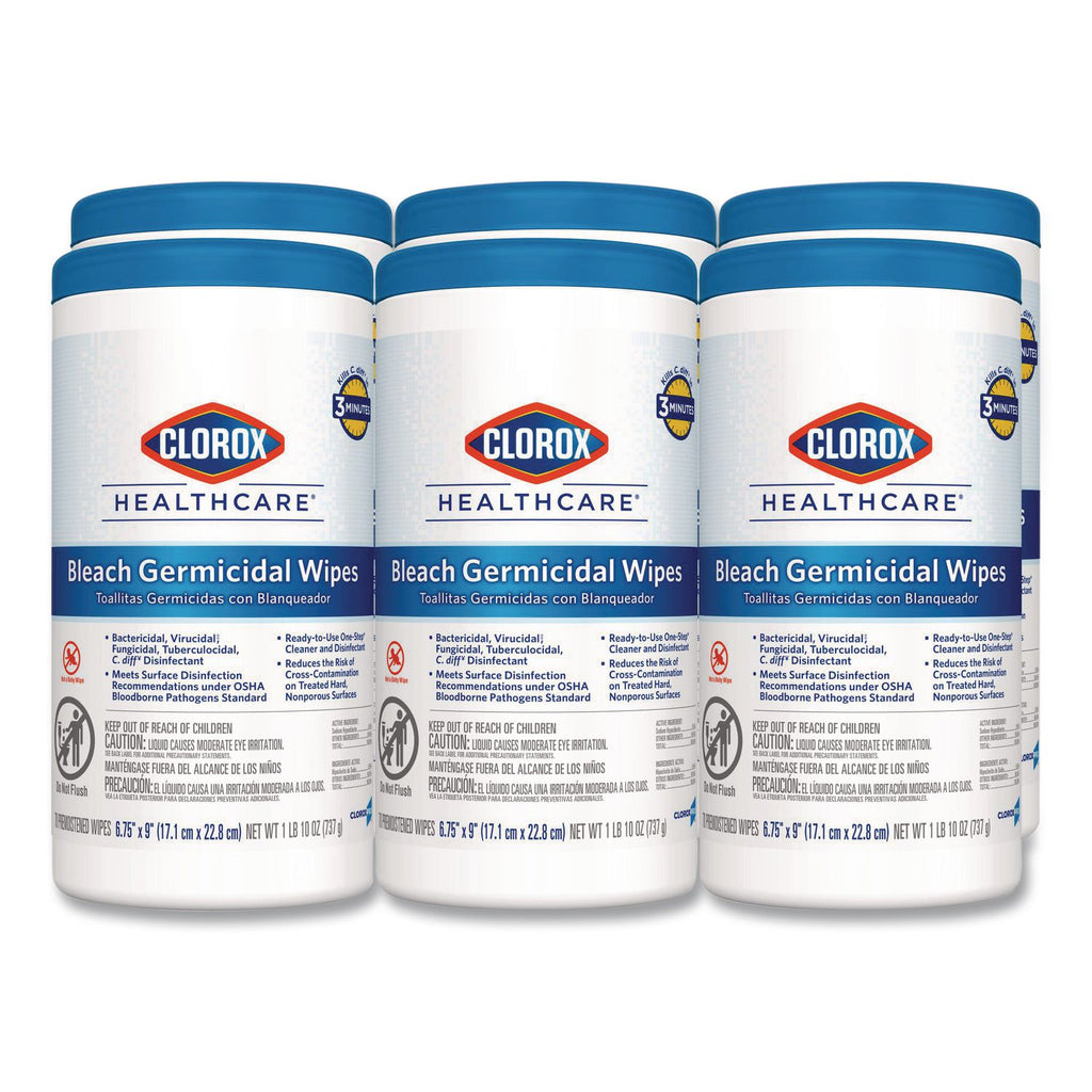 Bleach Germicidal Wipes, 1-Ply, 6.75 x 9, Unscented, White, 70/Canister