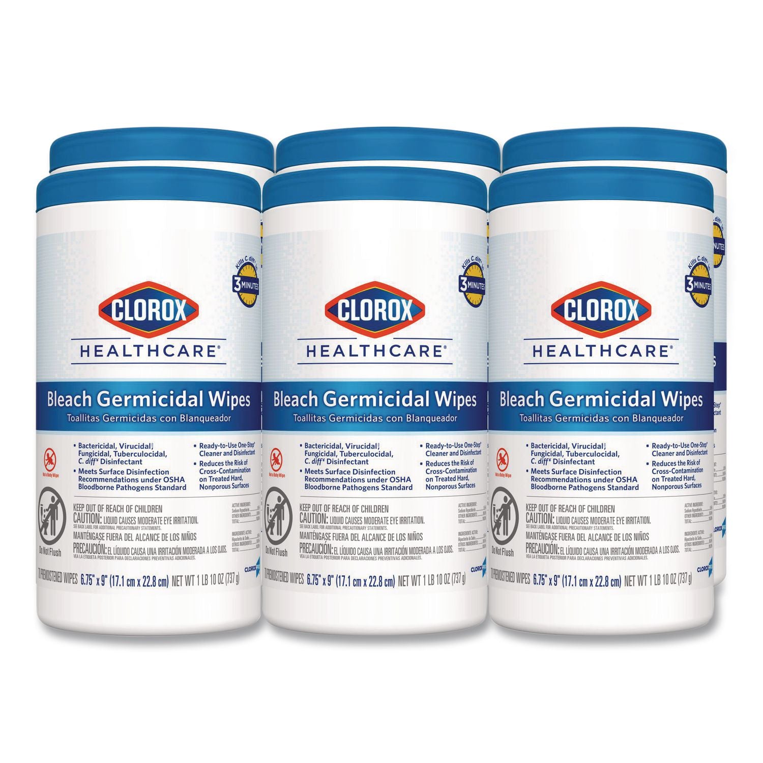 Bleach Germicidal Wipes, 1-Ply, 6.75 x 9, Unscented, White, 70/Canister