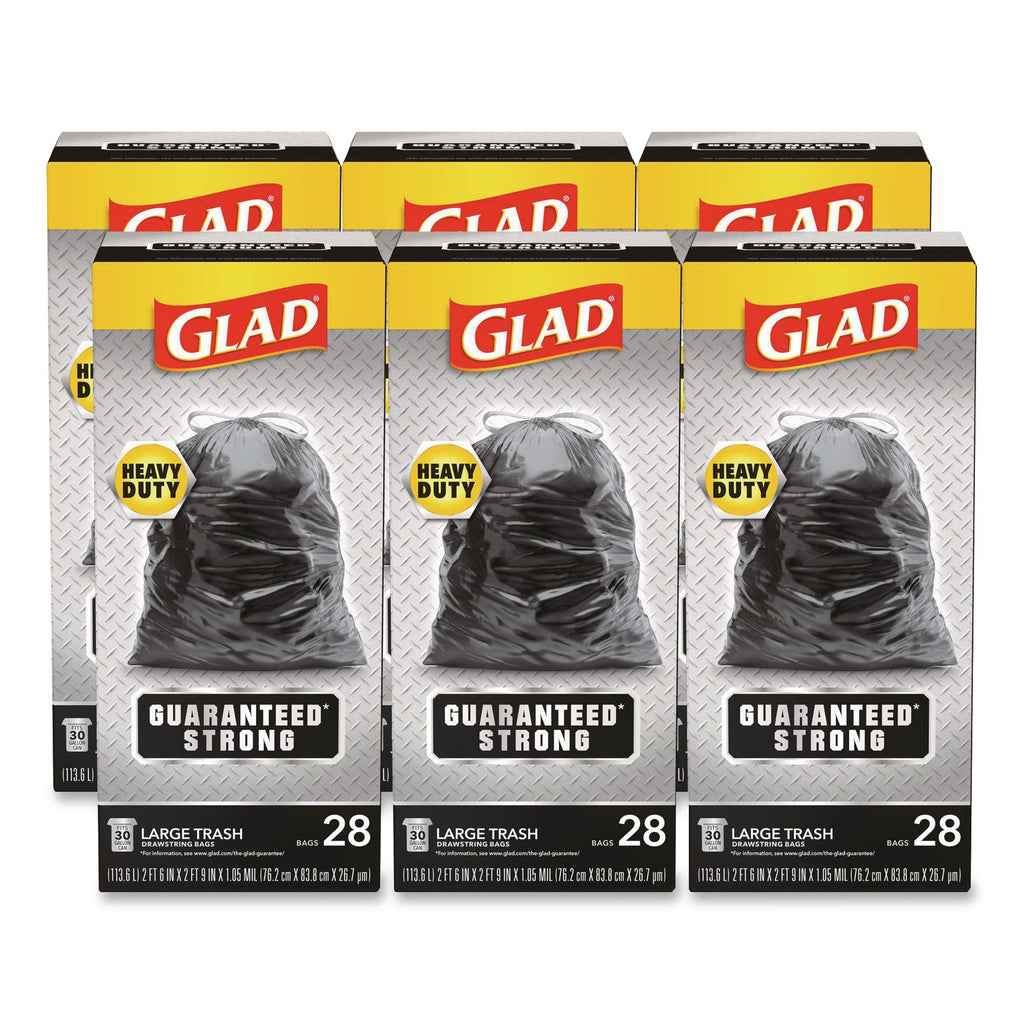Drawstring Large Trash Bags, 30 gal, 1.05 mil, 30" x 33", Black, 15 Bags/Box, 6 Boxes/Carton