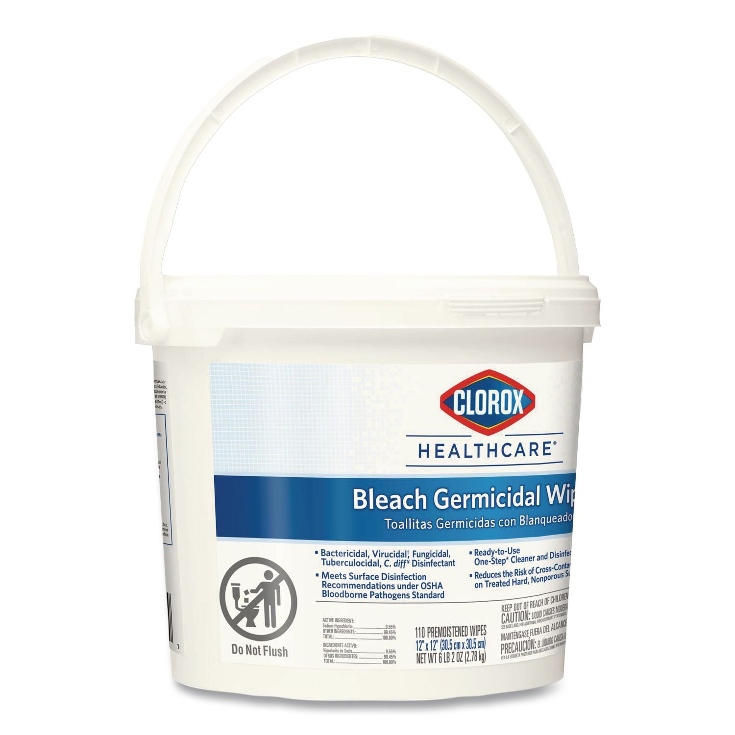 Bleach Germicidal Wipes, 1-Ply, 12 x 12, Unscented, White, 110/Canister, 2 Canisters/Carton