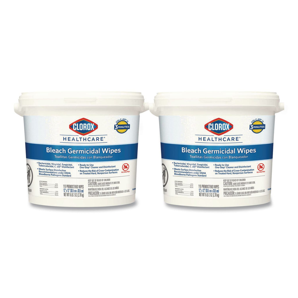 Bleach Germicidal Wipes, 1-Ply, 12 x 12, Unscented, White, 110/Canister, 2 Canisters/Carton