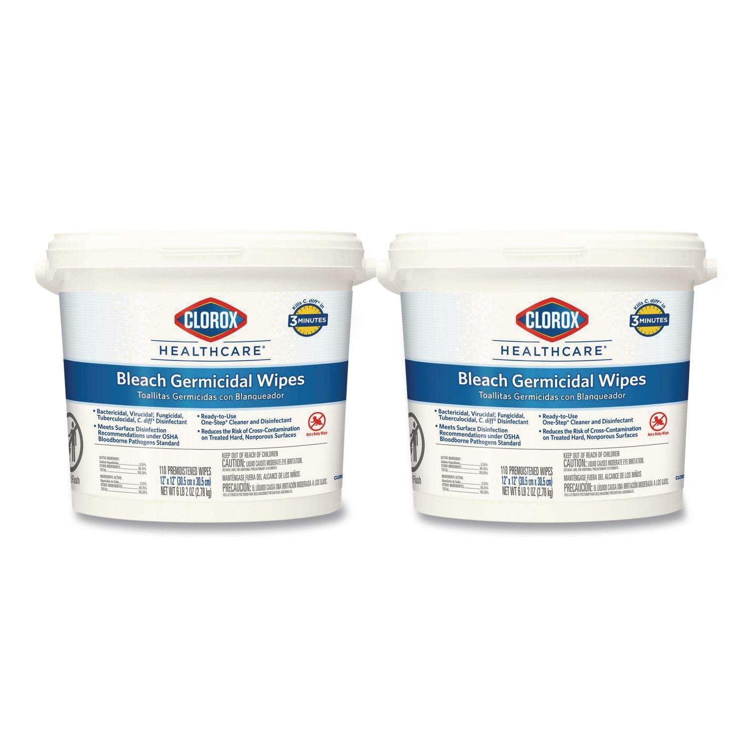 Bleach Germicidal Wipes, 1-Ply, 12 x 12, Unscented, White, 110/Canister, 2 Canisters/Carton