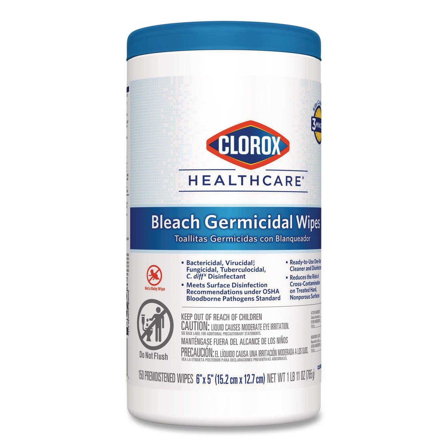 Bleach Germicidal Wipes, 1-Ply, 6 x 5, Unscented, White, 150/Canister, 6 Canisters/Carton
