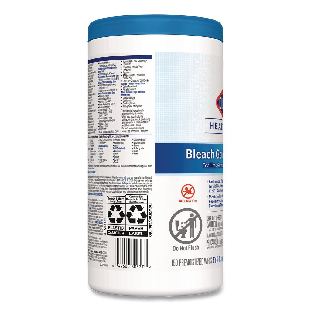 Bleach Germicidal Wipes, 1-Ply, 6 x 5, Unscented, White, 150/Canister, 6 Canisters/Carton