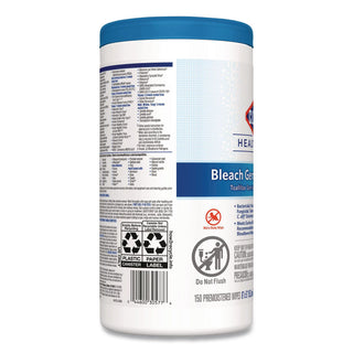Bleach Germicidal Wipes, 1-Ply, 6 x 5, Unscented, White, 150/Canister, 6 Canisters/Carton