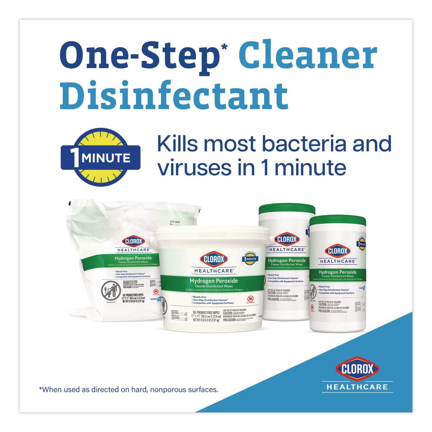 Hydrogen Peroxide Cleaner Disinfectant Wipes, 12 x 11, Unscented, White, 185/Pack, 2 Packs/Carton