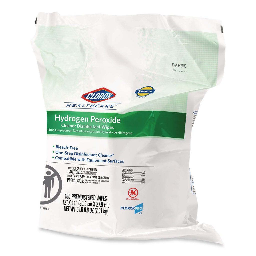 Hydrogen Peroxide Cleaner Disinfectant Wipes, 12 x 11, Unscented, White, 185/Pack, 2 Packs/Carton