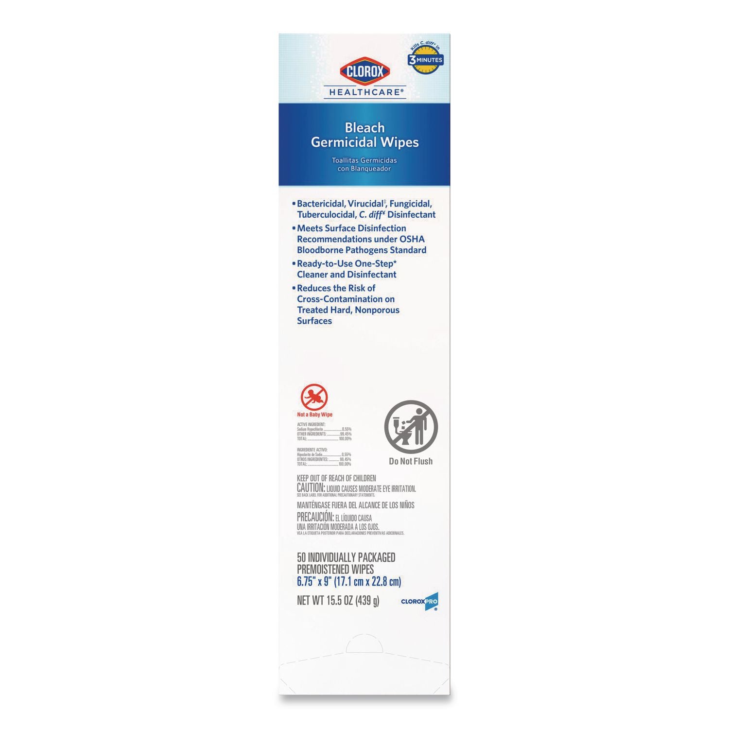 Bleach Germicidal Wipes, 1-Ply, 6.75 x 9, Unscented, White, 50/Box, 6 Boxes/Carton