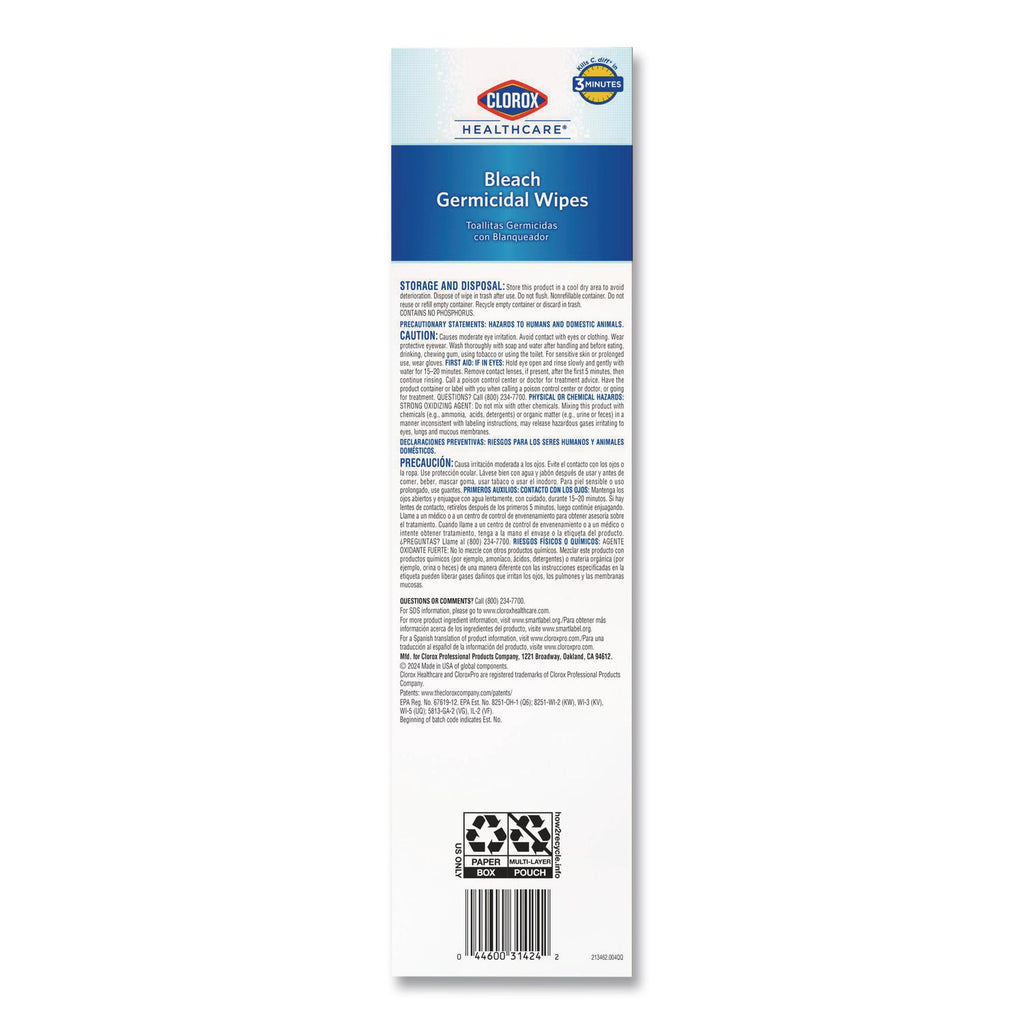 Bleach Germicidal Wipes, 1-Ply, 6.75 x 9, Unscented, White, 50/Box, 6 Boxes/Carton