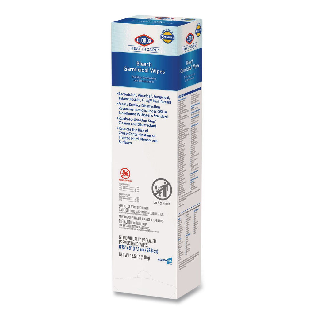 Bleach Germicidal Wipes, 1-Ply, 6.75 x 9, Unscented, White, 50/Box, 6 Boxes/Carton