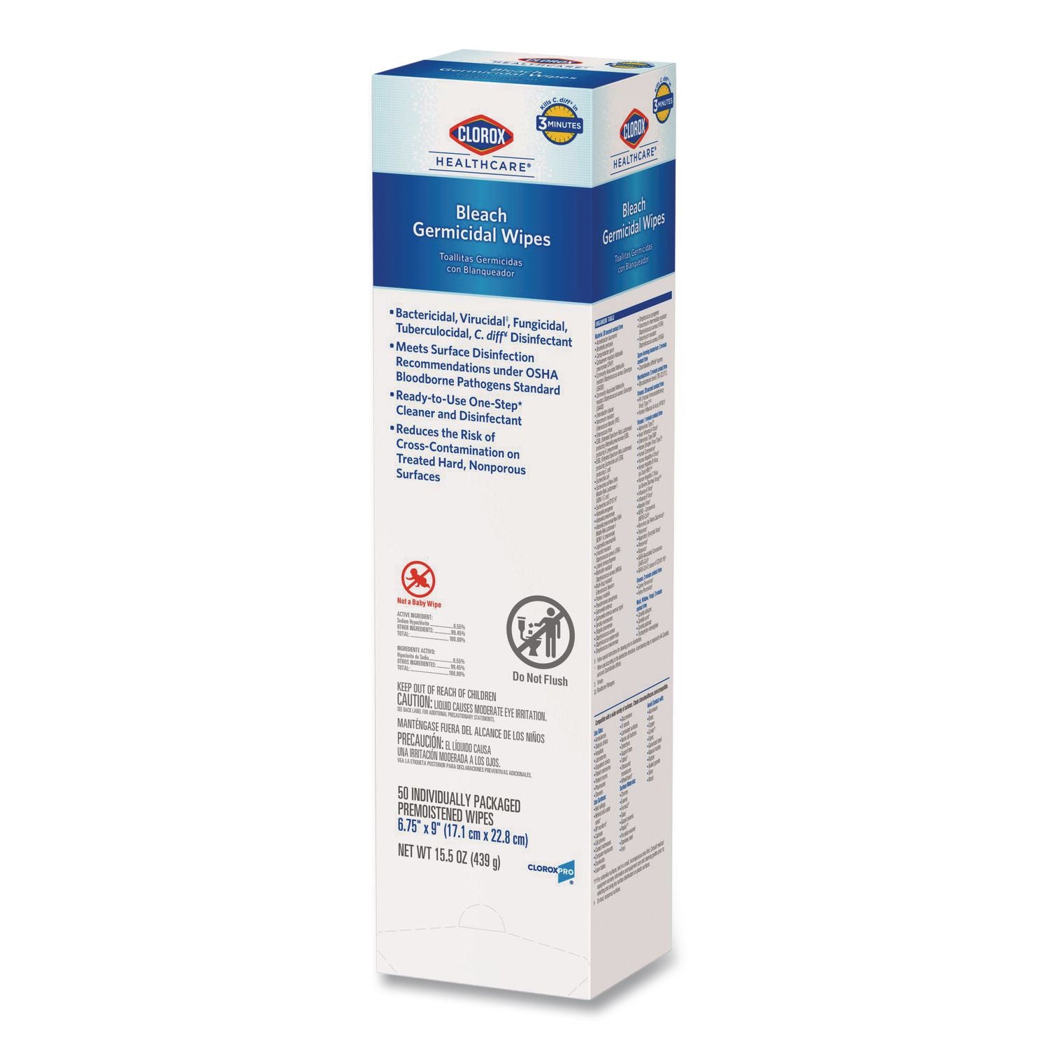 Bleach Germicidal Wipes, 1-Ply, 6.75 x 9, Unscented, White, 50/Box, 6 Boxes/Carton