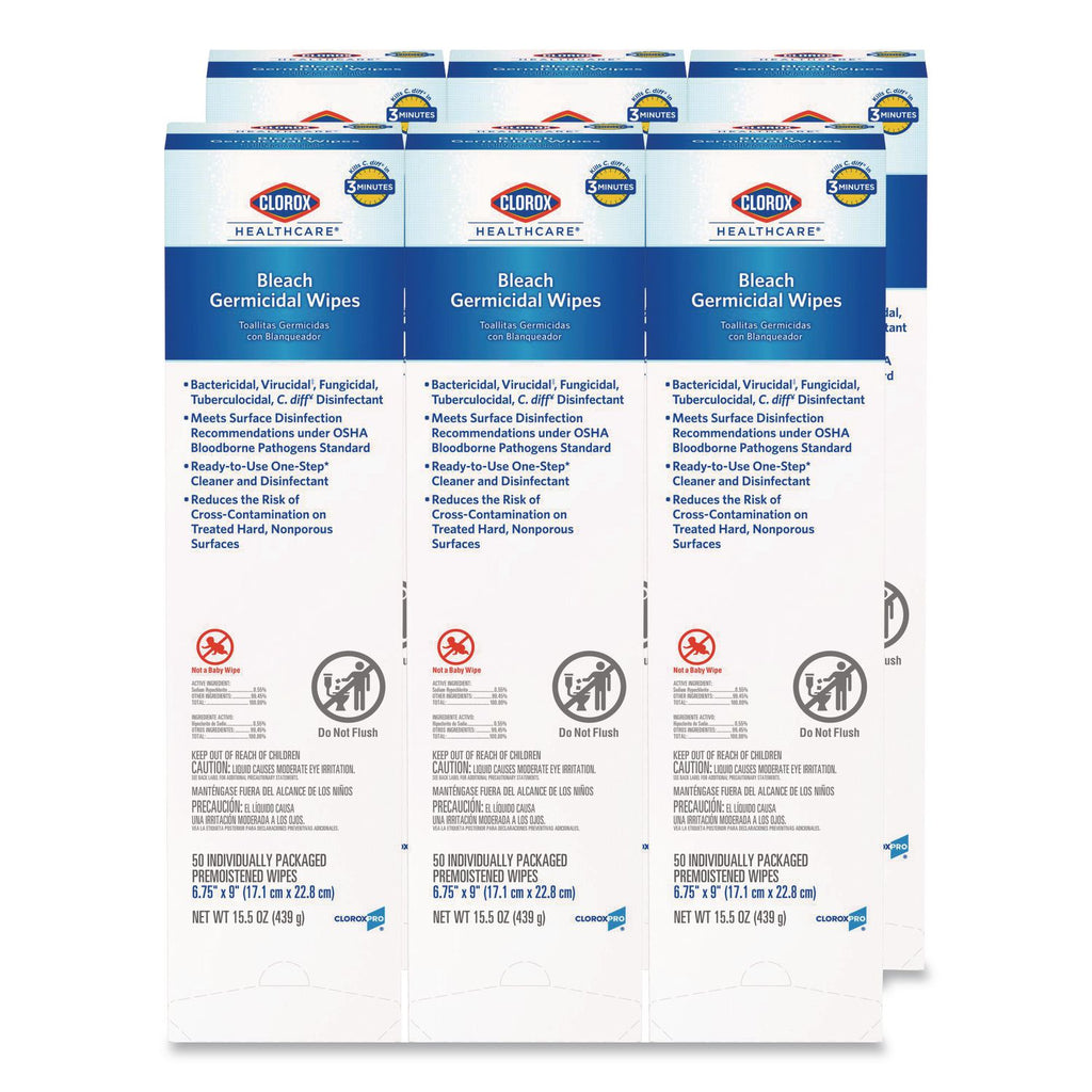 Bleach Germicidal Wipes, 1-Ply, 6.75 x 9, Unscented, White, 50/Box, 6 Boxes/Carton