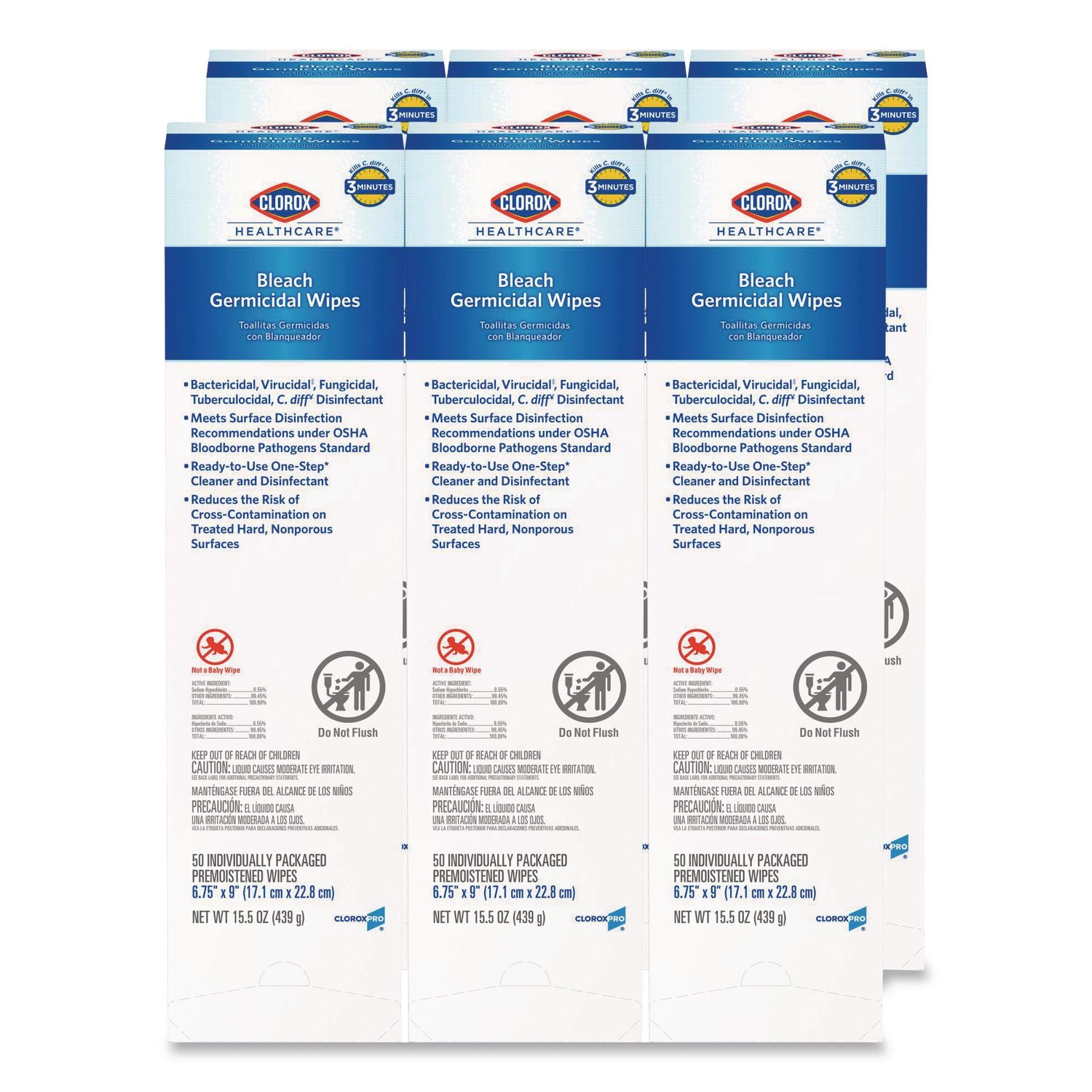Bleach Germicidal Wipes, 1-Ply, 6.75 x 9, Unscented, White, 50/Box, 6 Boxes/Carton