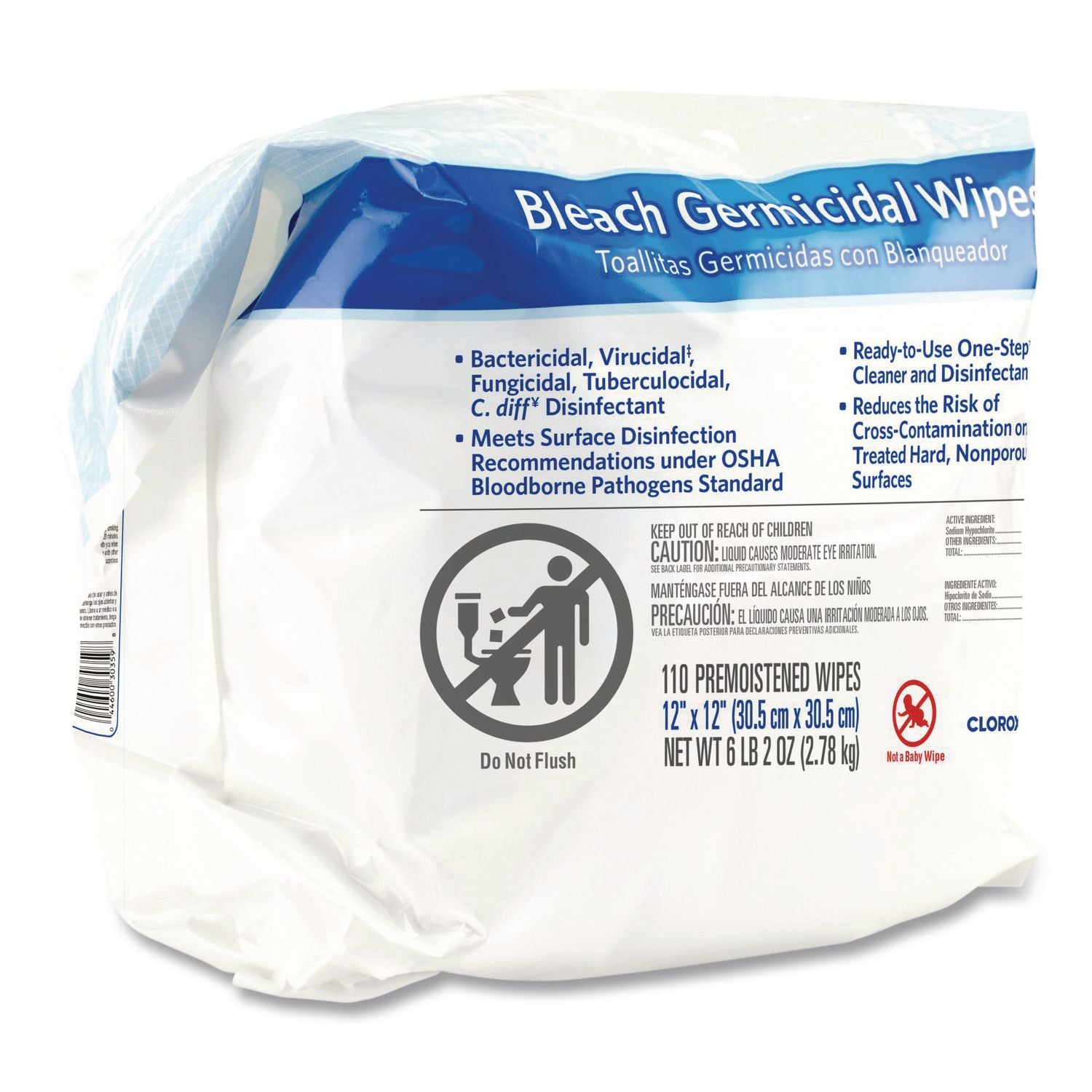 Bleach Germicidal Wipes, 1-Ply, 12 x 12, Unscented, White, 110/Bag