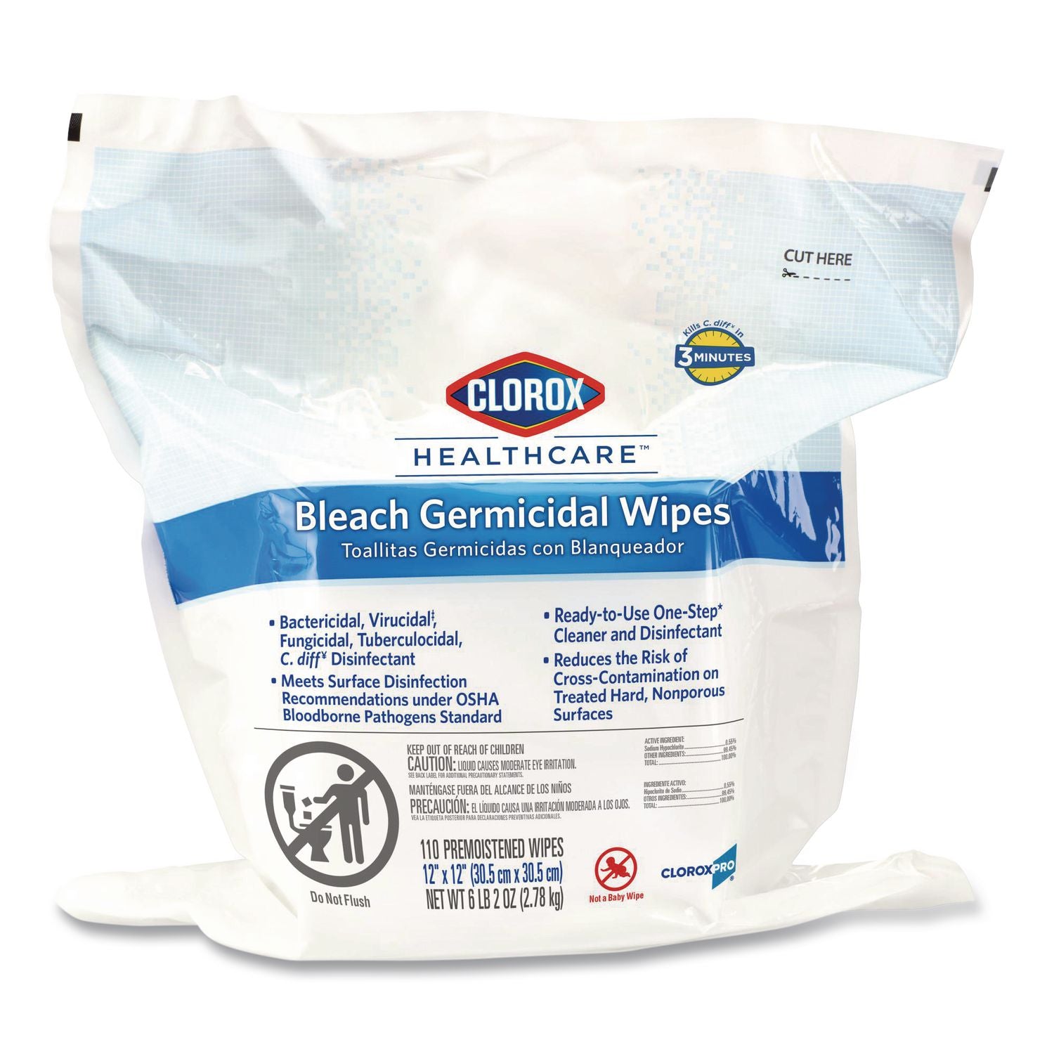 Bleach Germicidal Wipes, 1-Ply, 12 x 12, Unscented, White, 110/Bag