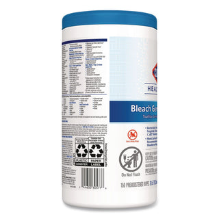 Bleach Germicidal Wipes, 1-Ply, 6 x 5, Unscented, White, 150/Canister