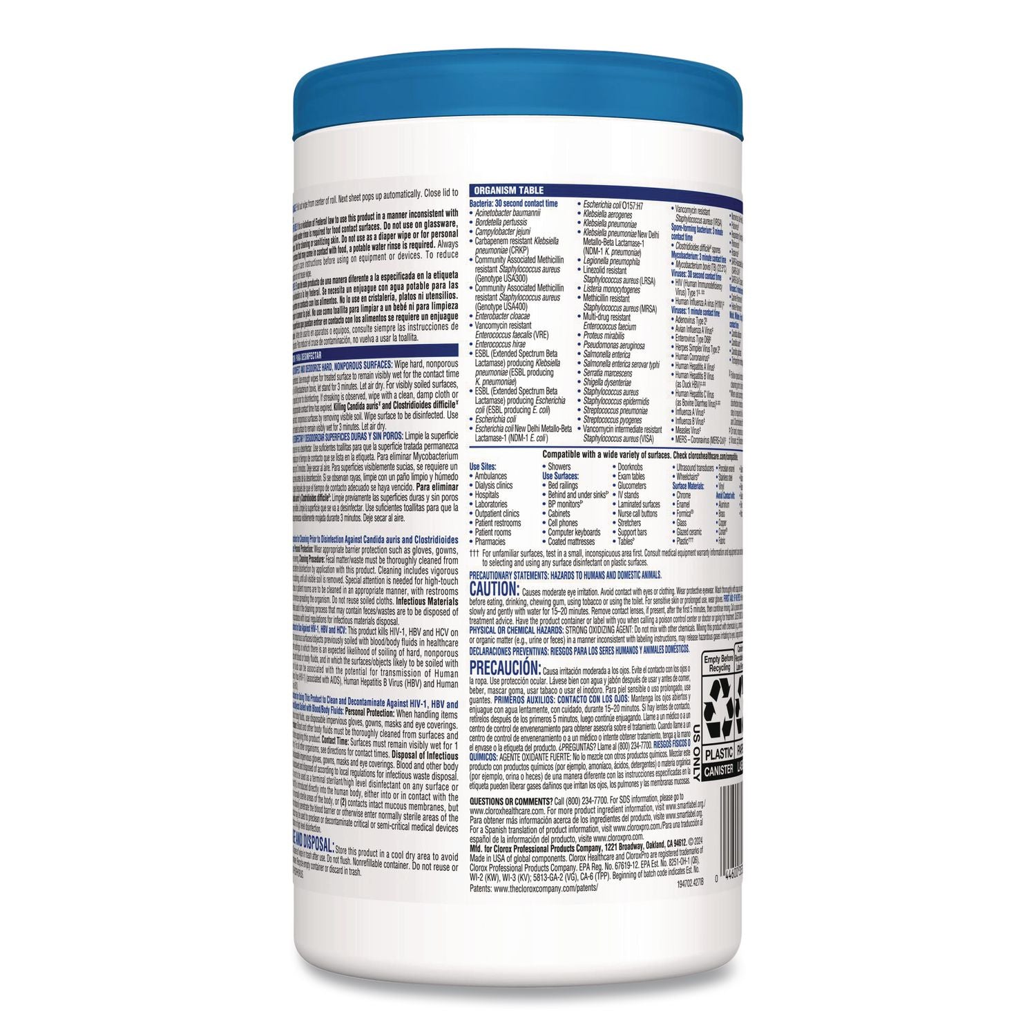 Bleach Germicidal Wipes, 1-Ply, 6.75 x 9, Unscented, White, 70/Canister