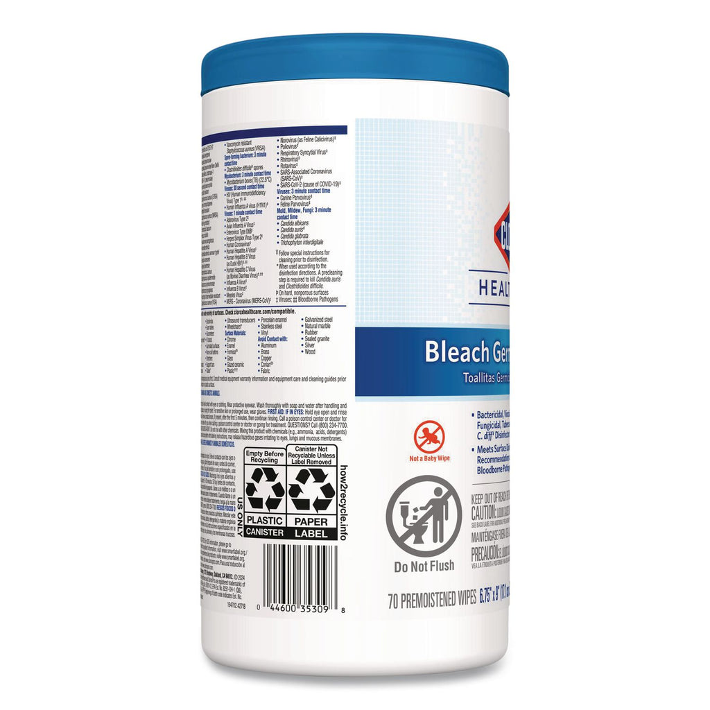 Bleach Germicidal Wipes, 1-Ply, 6.75 x 9, Unscented, White, 70/Canister