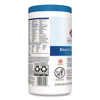 Bleach Germicidal Wipes, 1-Ply, 6.75 x 9, Unscented, White, 70/Canister