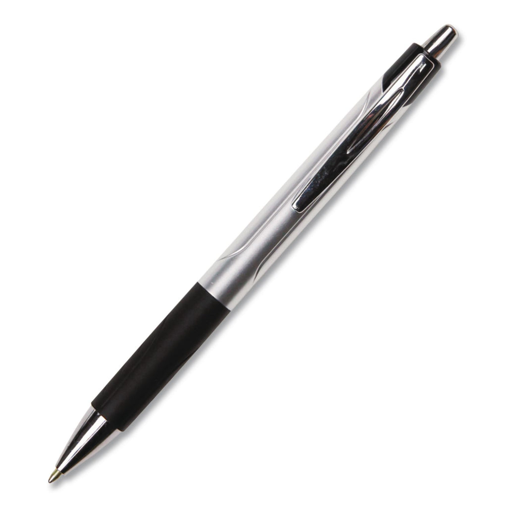 Comfort Grip Ballpoint Pen, Retractable, Medium 1 mm, Black Ink, Silver/Black Barrel, Dozen