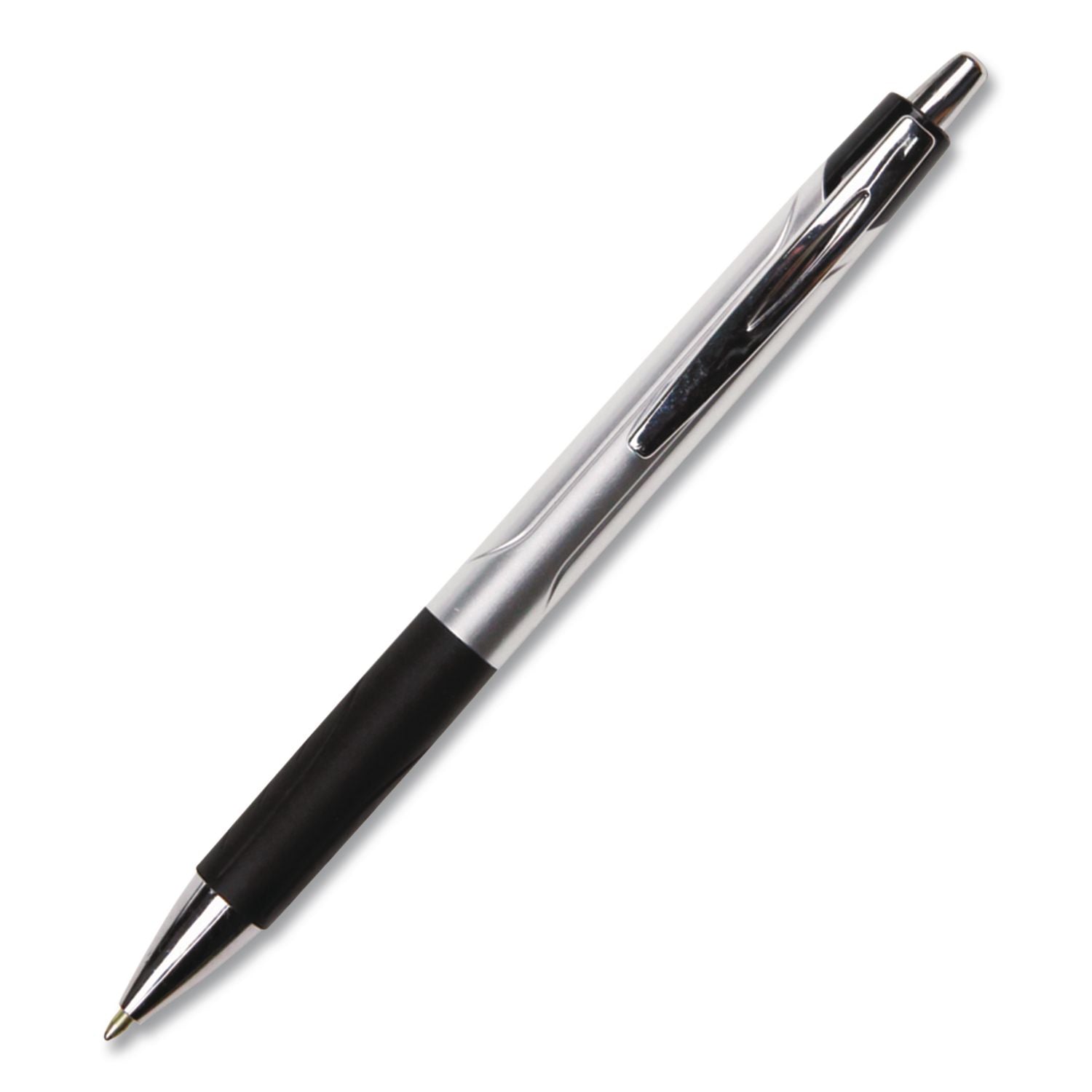 Comfort Grip Ballpoint Pen, Retractable, Medium 1 mm, Black Ink, Silver/Black Barrel, Dozen