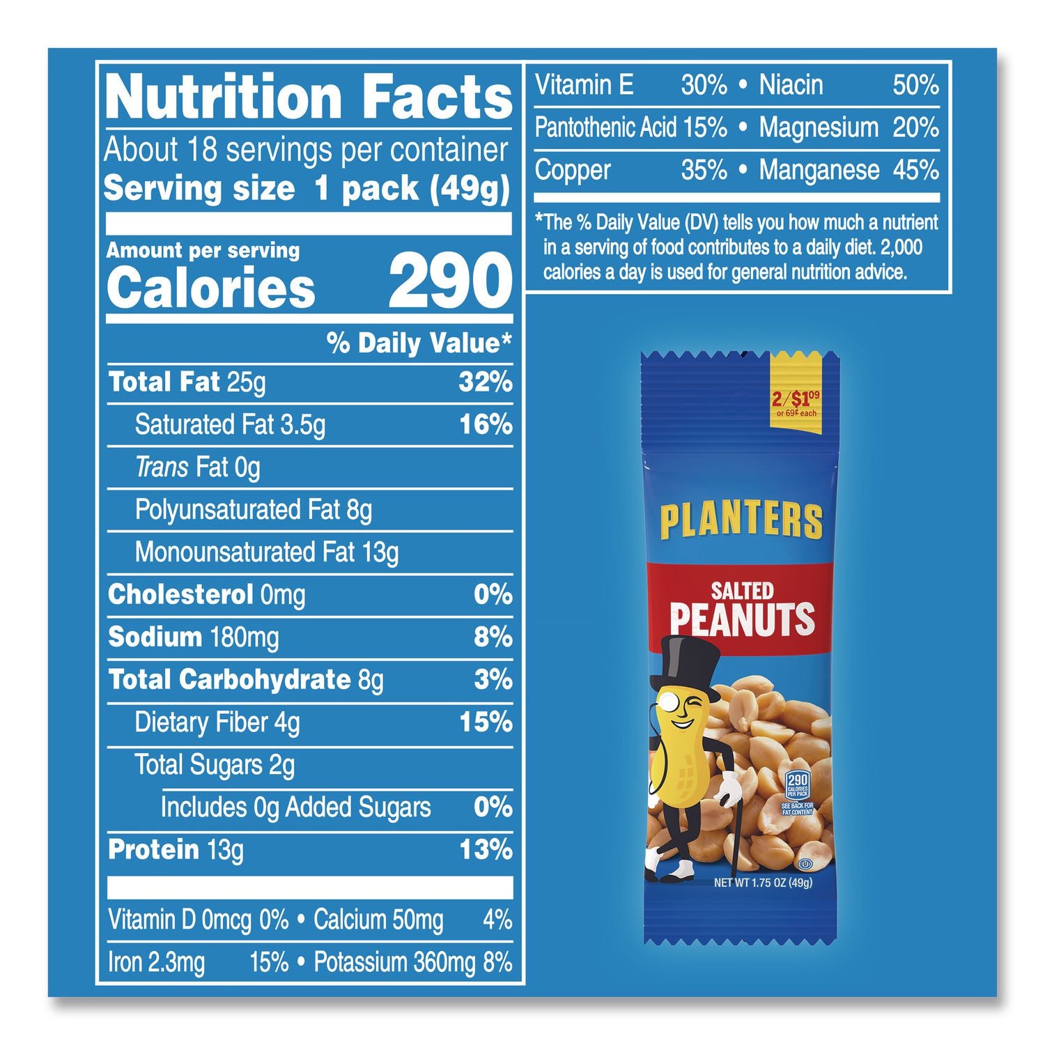 Salted Peanuts, 1.75 oz Pack, 18 Packs/Box, Ships in 1-3 Business Days