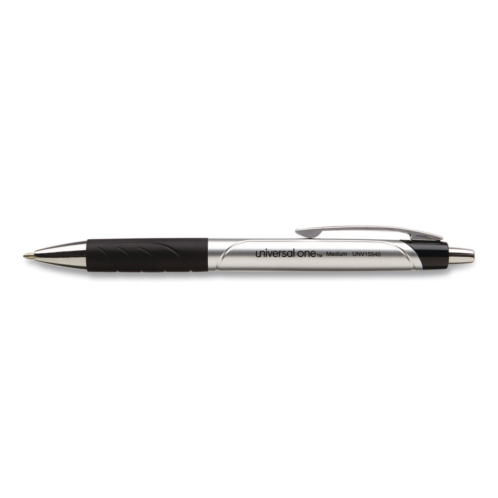 Comfort Grip Ballpoint Pen, Retractable, Medium 1 mm, Black Ink, Silver/Black Barrel, Dozen