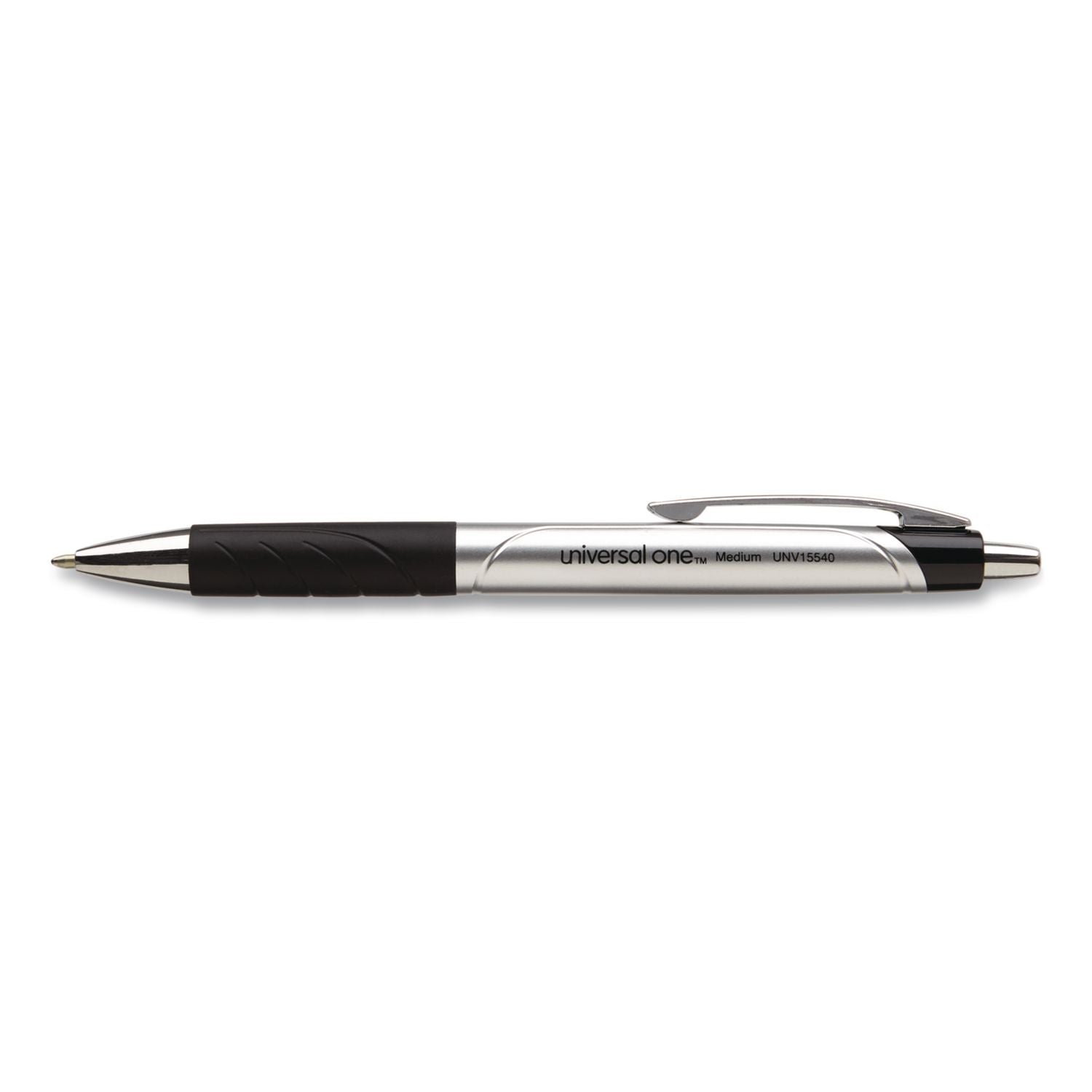 Comfort Grip Ballpoint Pen, Retractable, Medium 1 mm, Black Ink, Silver/Black Barrel, Dozen
