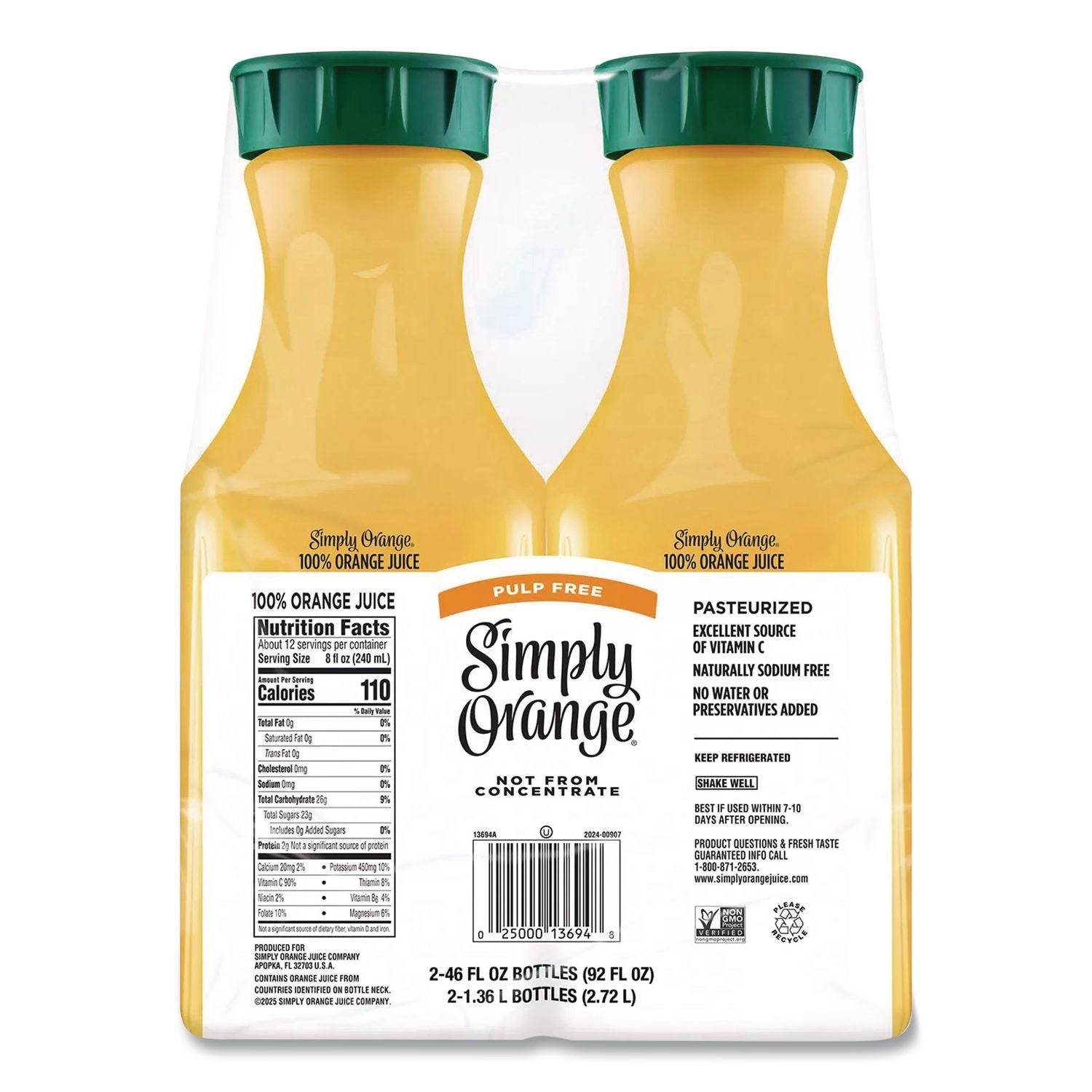 Orange Juice Pulp Free, 52 oz Bottle, 2/Pack, Ships in 1-3 Business Days