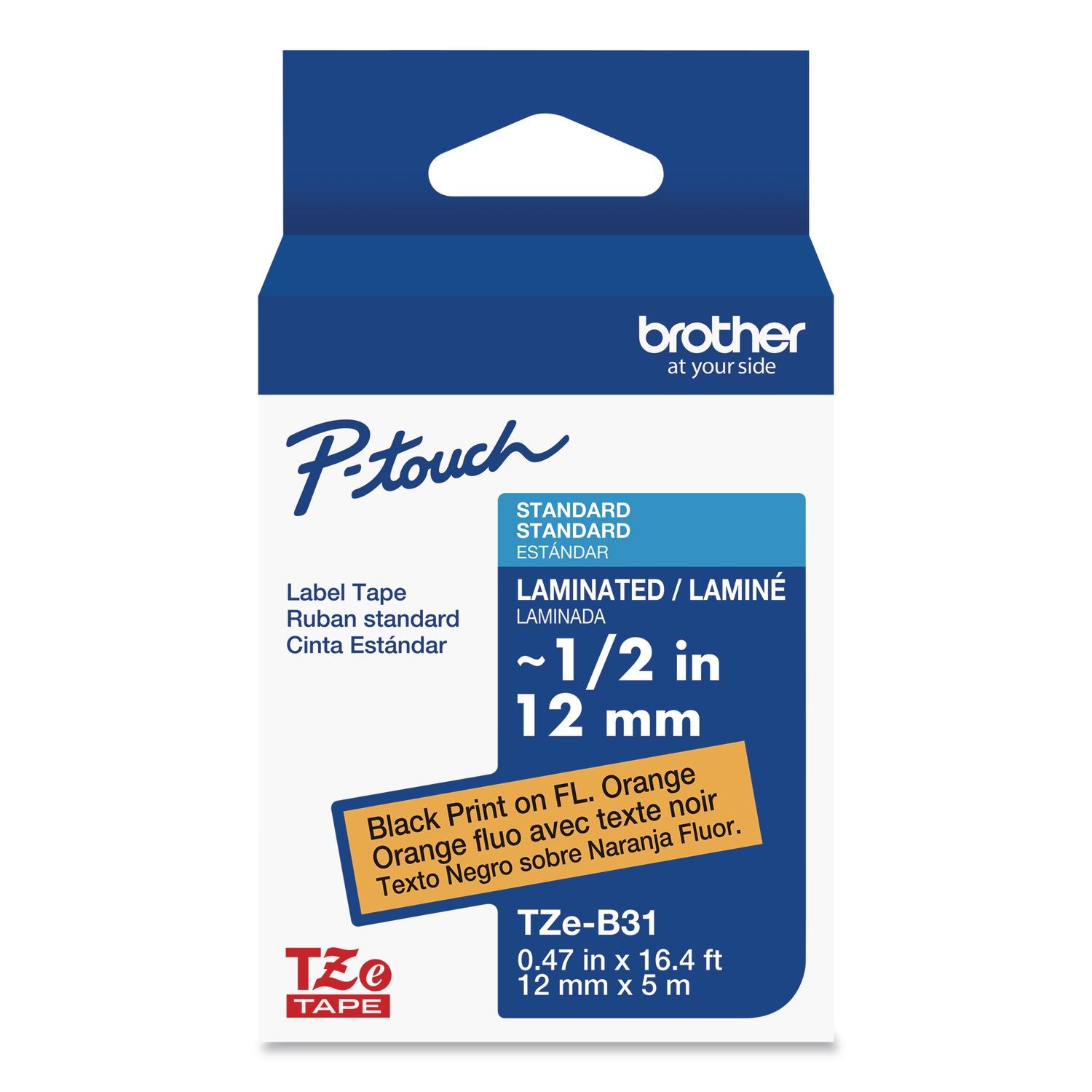 TZe Laminated Removable Label Tapes, 0.47" x 26.2 ft, Black on Orange