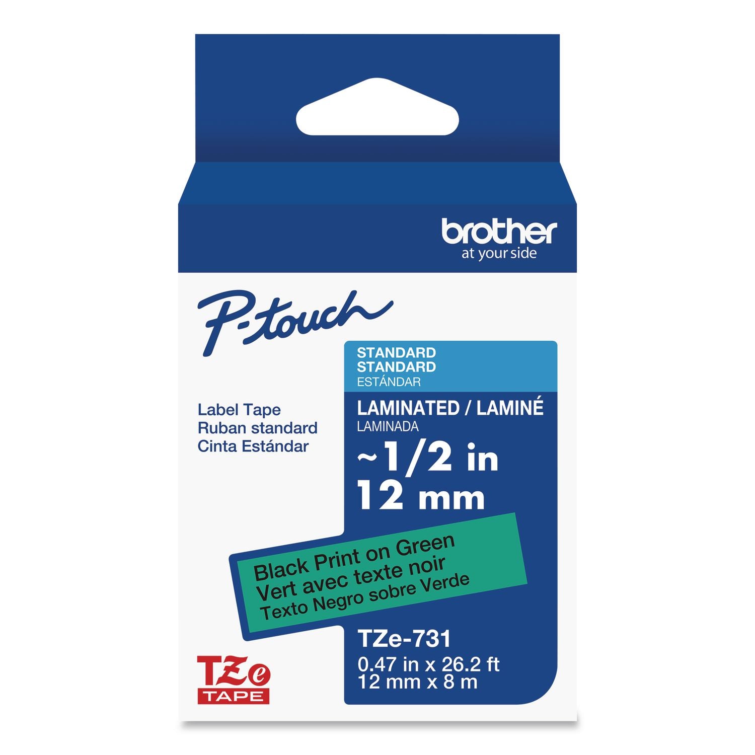 TZe Laminated Removable Label Tapes, 0.47" x 26.2 ft, Black on Green