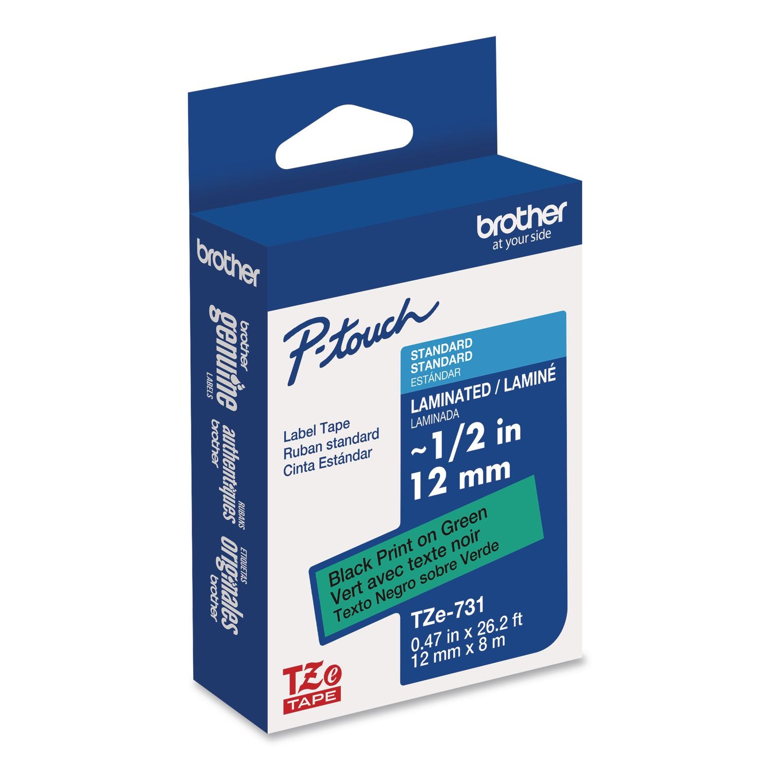 TZe Laminated Removable Label Tapes, 0.47" x 26.2 ft, Black on Green