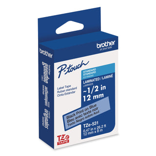 TZe Laminated Removable Label Tapes, 0.47" x 26.2 ft, Black on Blue