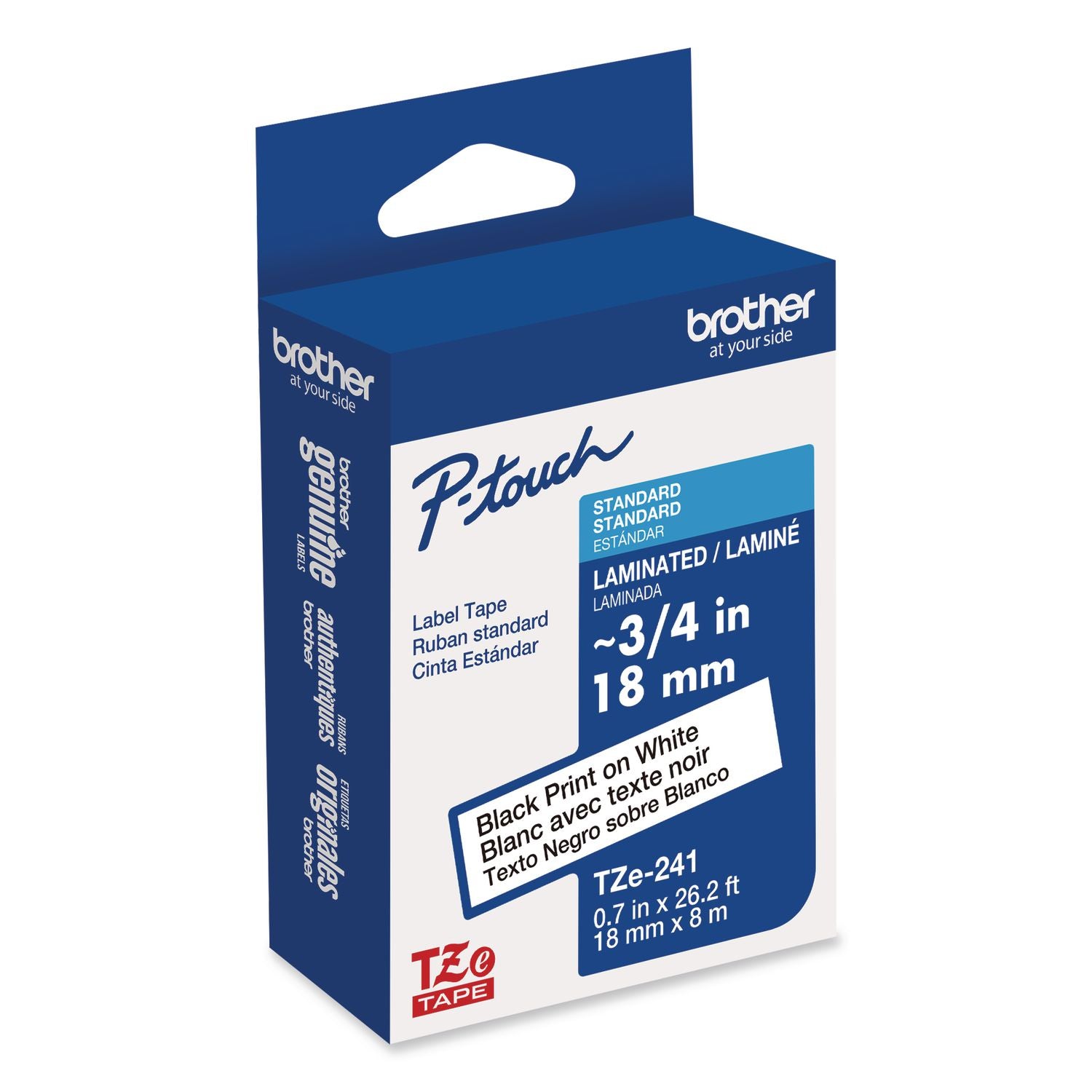 TZe Standard Adhesive Laminated Labeling Tape, 0.7" x 26.2 ft, Black on White