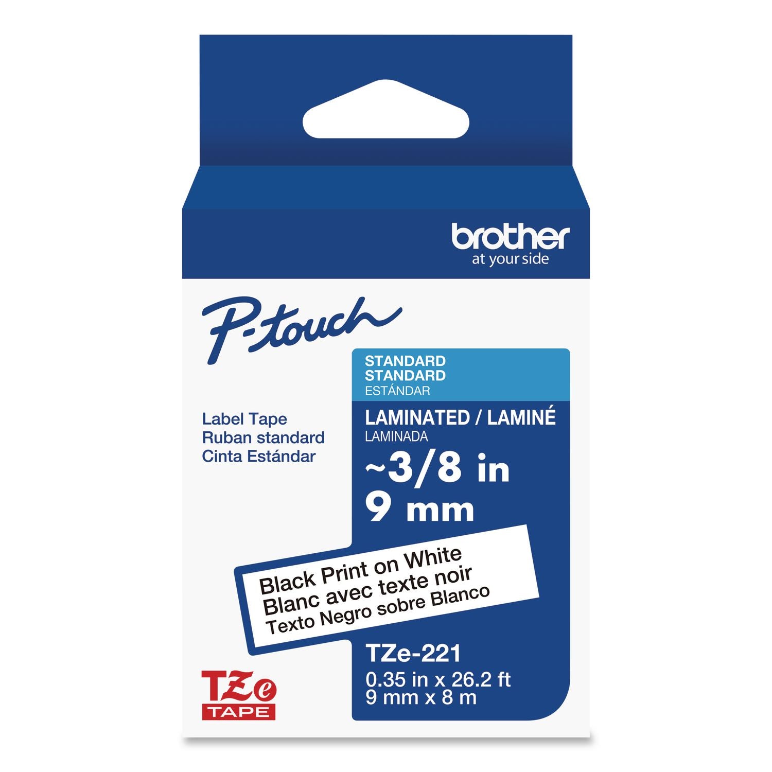 TZe Standard Adhesive Laminated Labeling Tape, 0.35" x 26.2 ft, Black on White