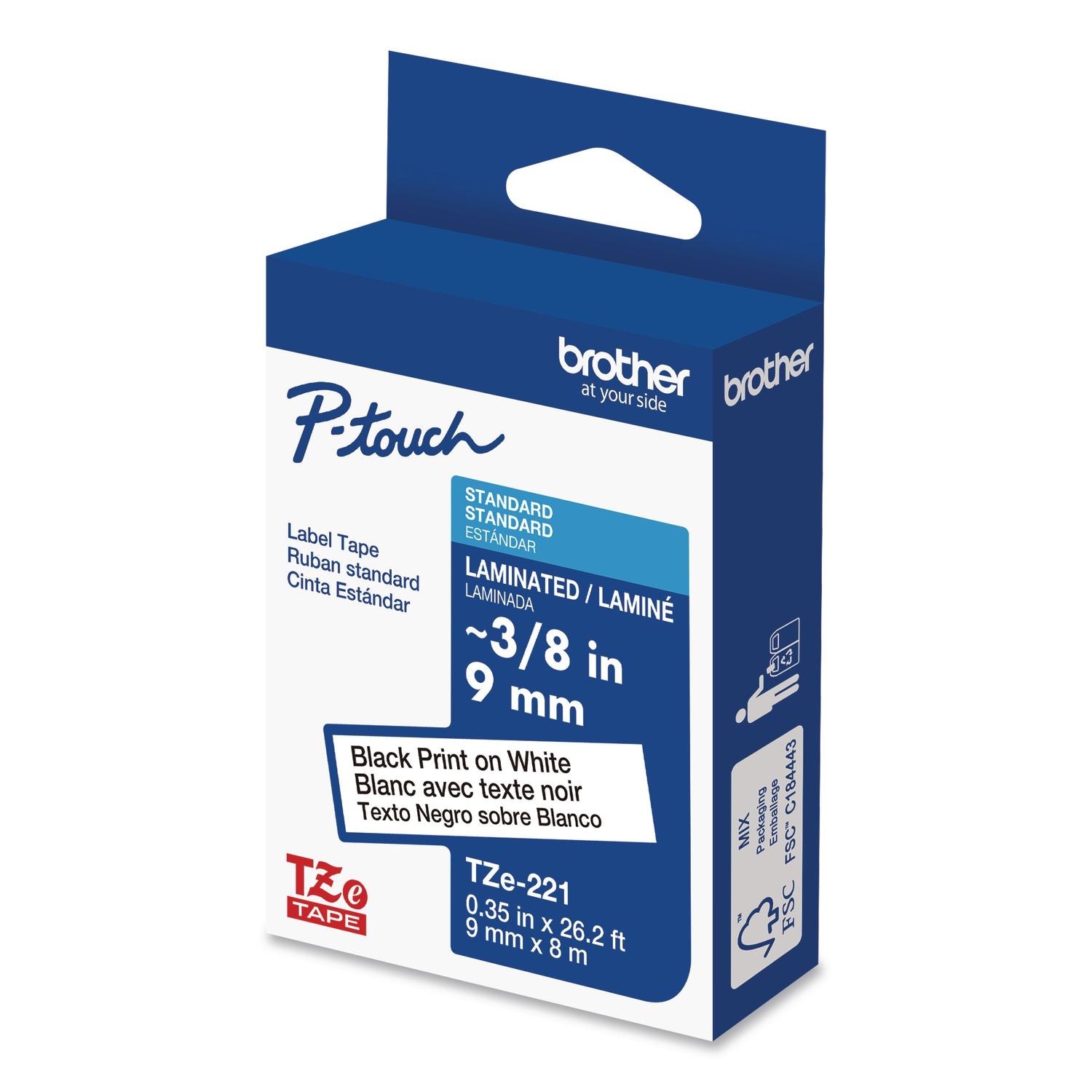 TZe Standard Adhesive Laminated Labeling Tape, 0.35" x 26.2 ft, Black on White